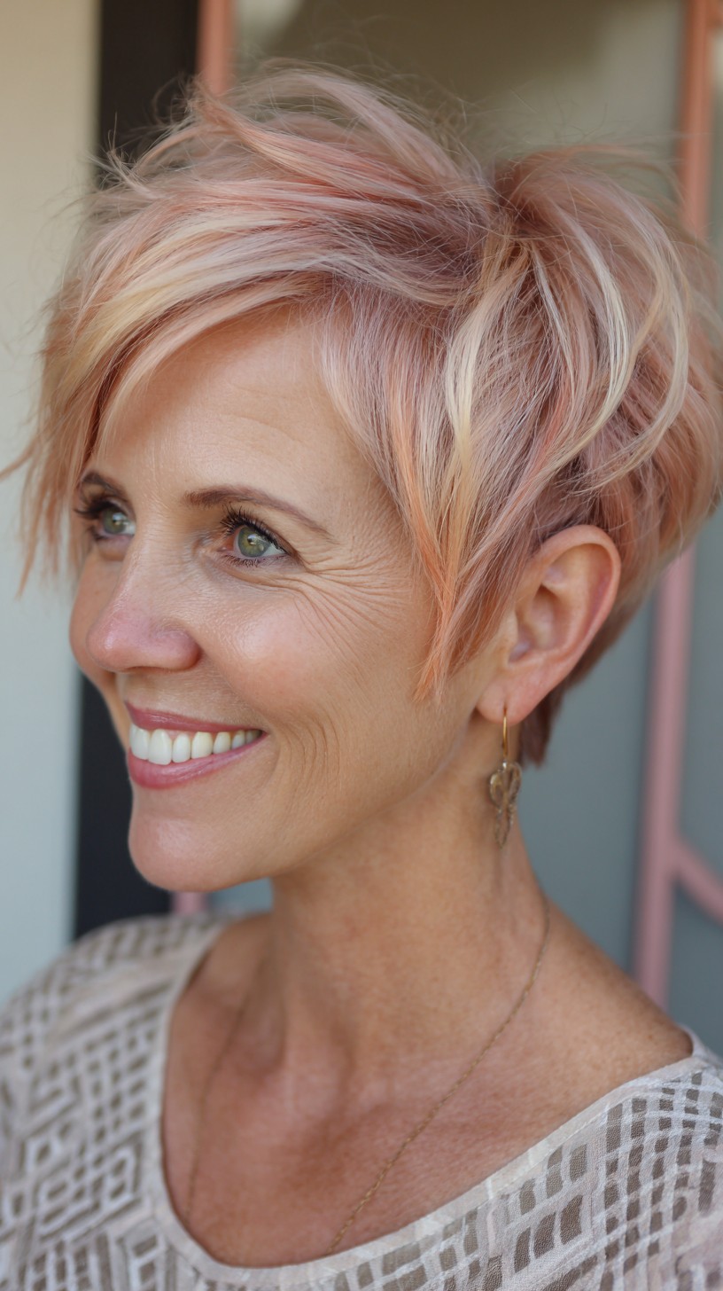 Textured Peach-Blonde Angular Pixie with Face-Framing Fringe