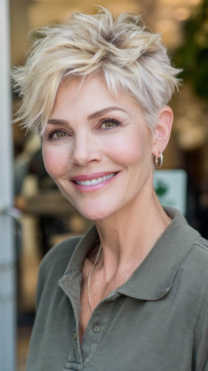 Textured Platinum Pixie with Feathered Crown and Tapered Sides