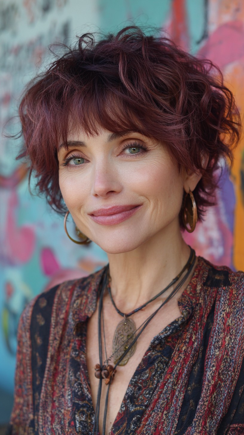 Textured Plum Shaggy Short Bob with Soft Micro Bangs