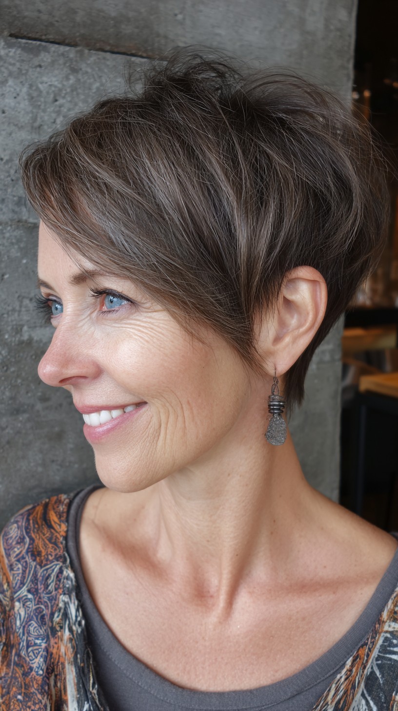 Textured Salt-and-Pepper Pixie with Diagonal Face-Framing Fringe
