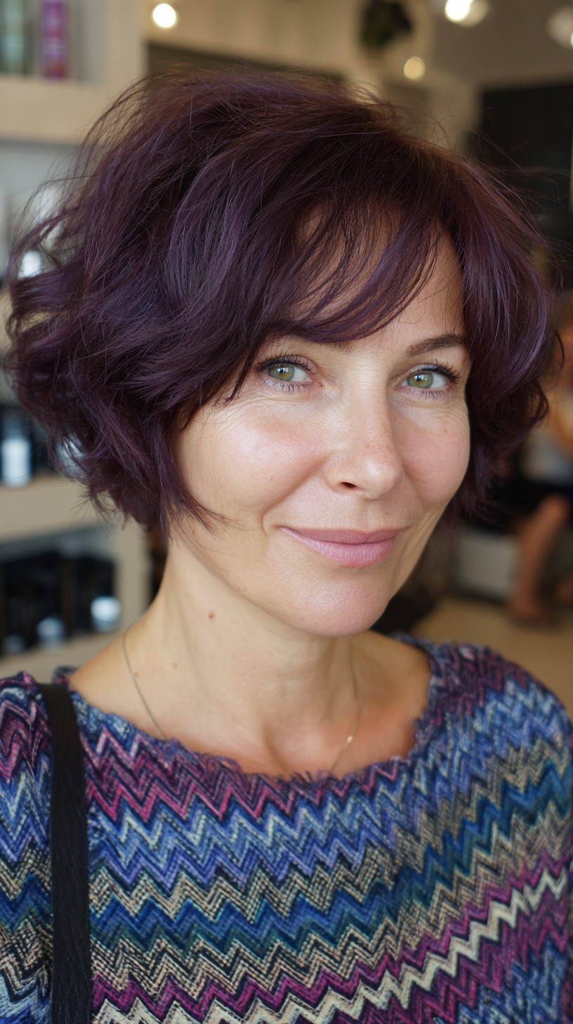 Voluminous Plum Tousled Short Bob with Soft Side-Swept Fringe
