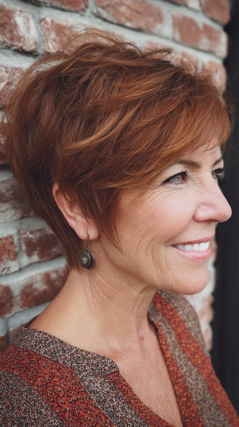 Warm Auburn Angular Pixie with Layered Crown and Wispy Fringe