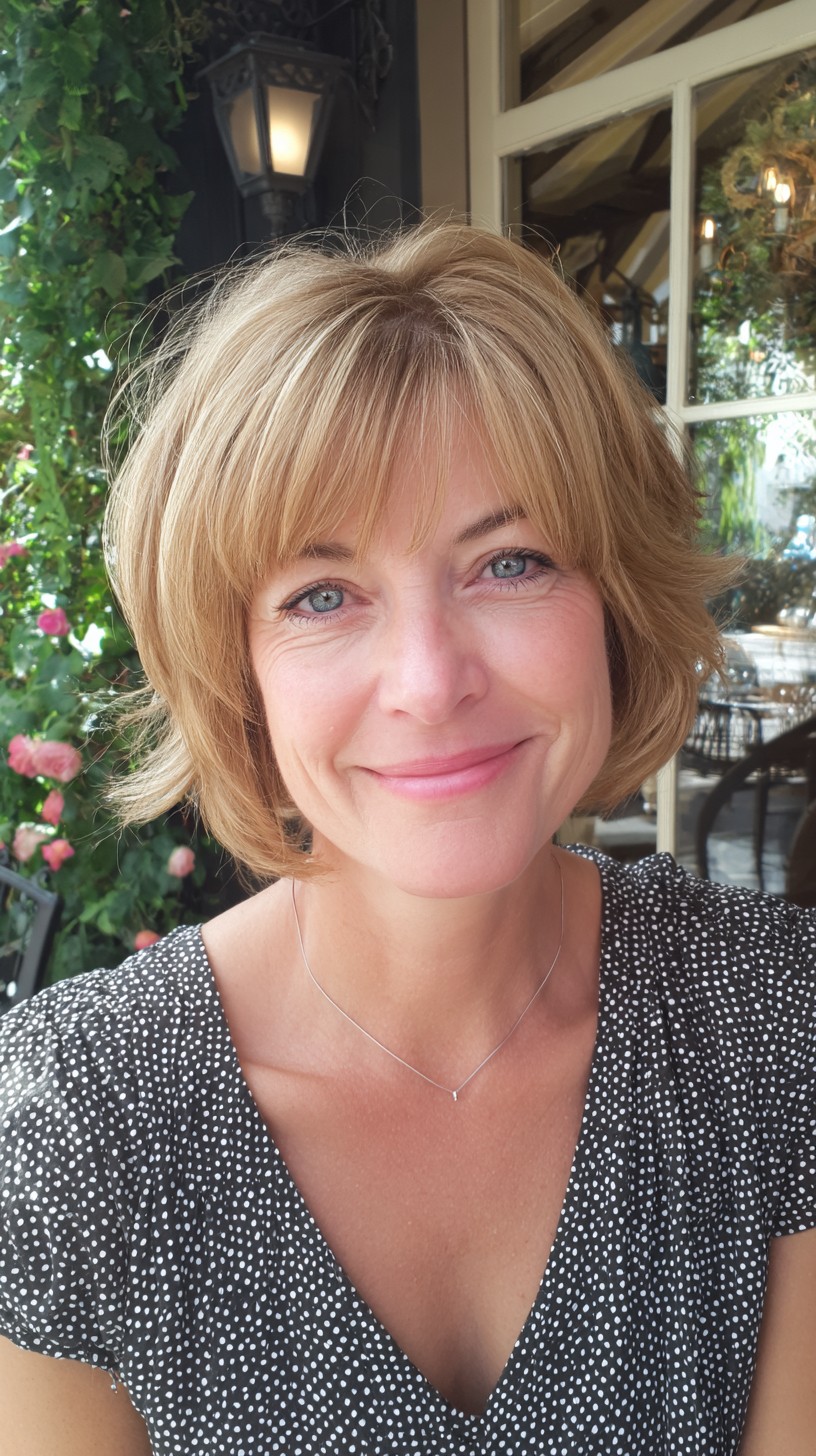 Warm Blonde Graduated Chin-Length Bob with Soft Face-Framing Bangs