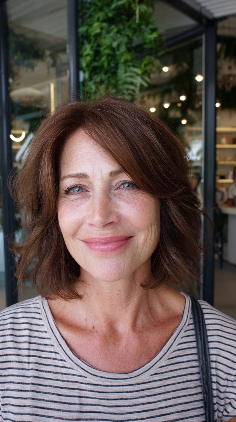 Warm Chestnut Side-Parted Textured Jaw-Length Bob