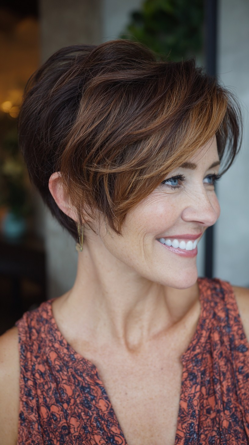 Warm Chestnut Stacked Pixie with Caramel Face-Framing Layers