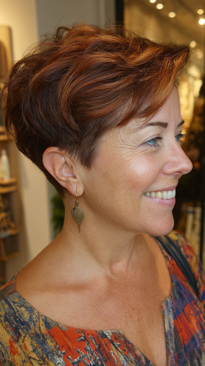 Warm Copper Angled Pixie with Soft Crown Texture