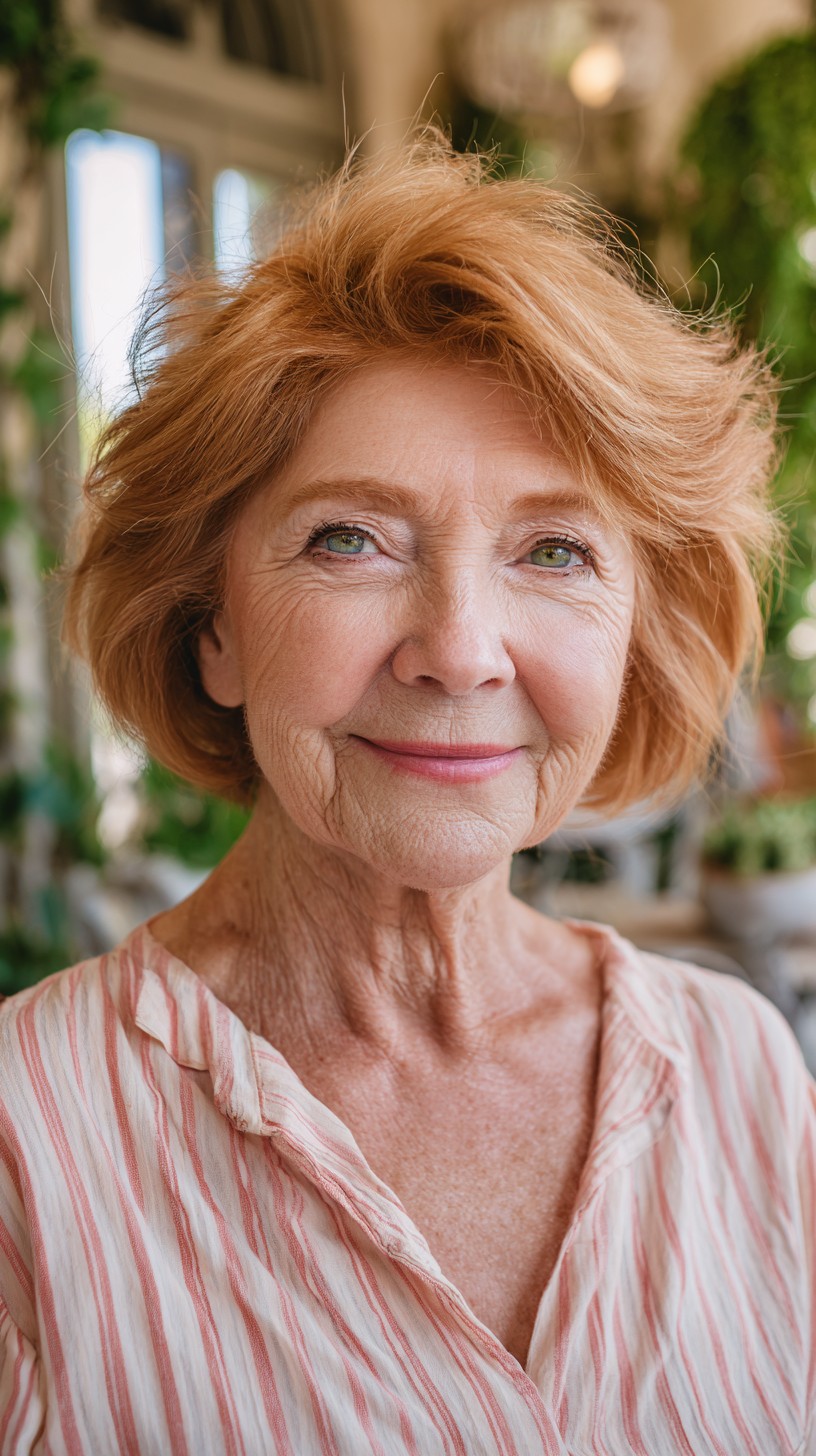 Warm Copper Feathered Chin-Length Bob with Lifted Crown