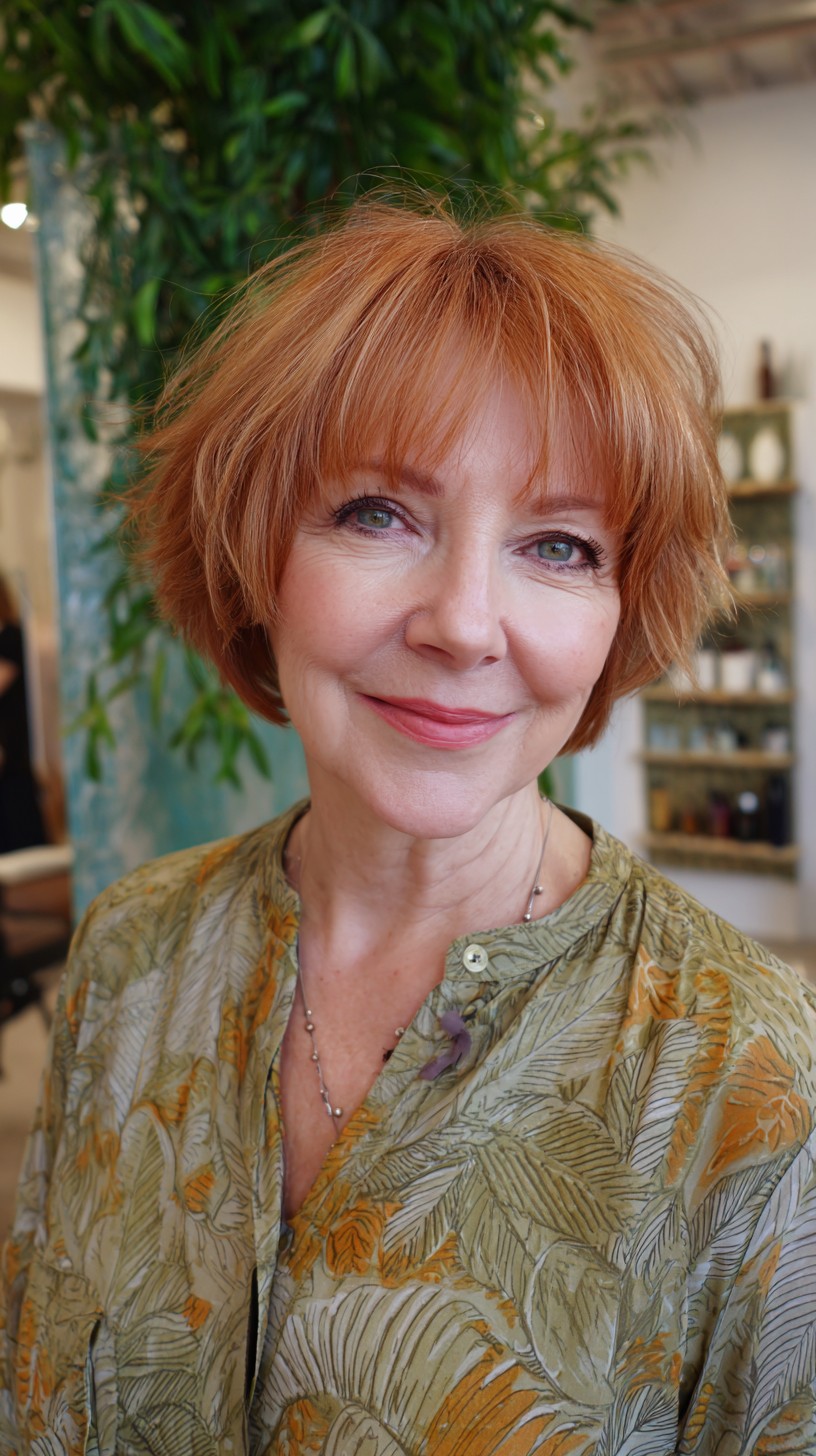 Warm Copper Feathered Short Bob with Center-Length Micro Bangs