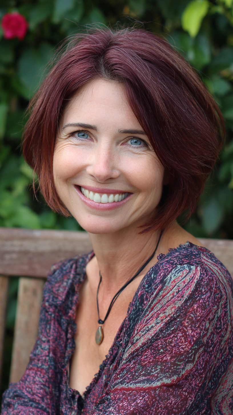 Warm Mahogany Side-Part Chin-Skimming Bob with Subtle Gray Blending