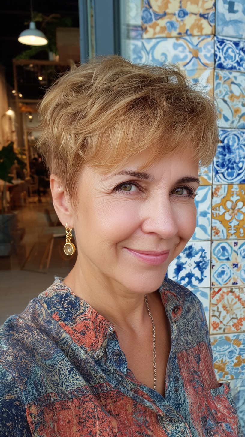 Warm Textured Pixie with Soft Side Micro-Fringe