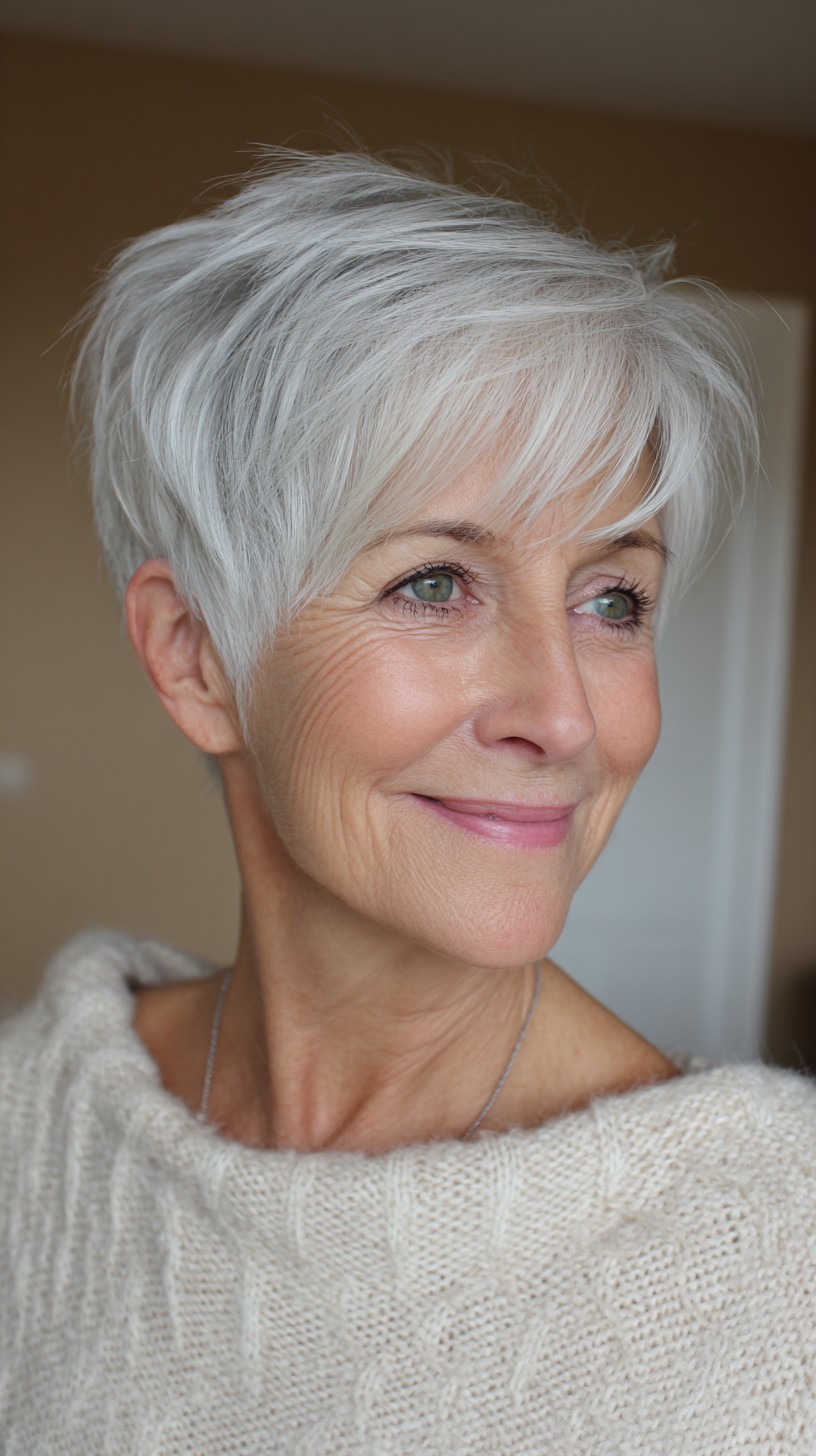 Airy Silver Pixie with Lifted Crown and Side-Swept Fringe