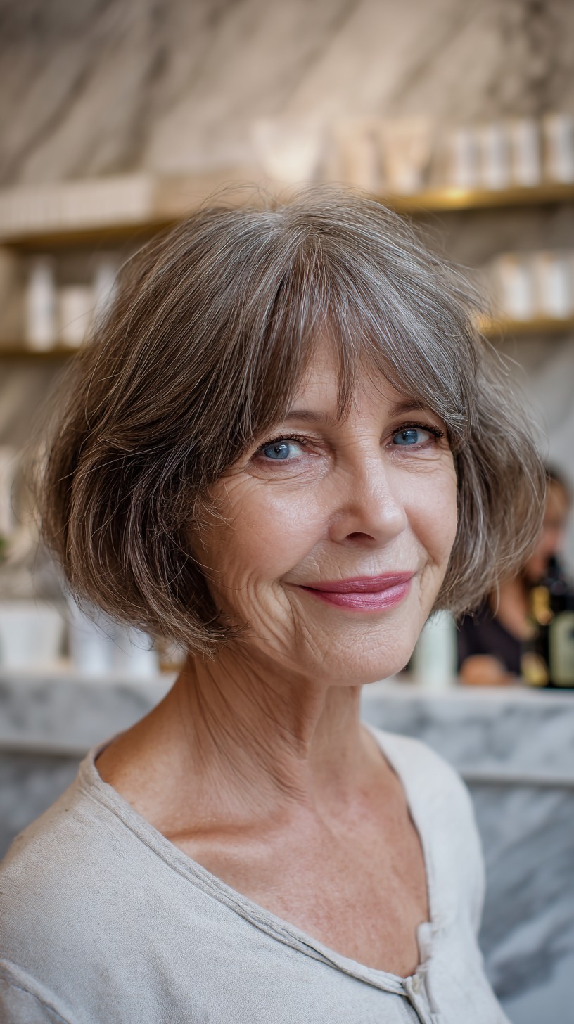 Brushed Gray Chin-Length Bob with Curtain Fringe and Rounded Graduation