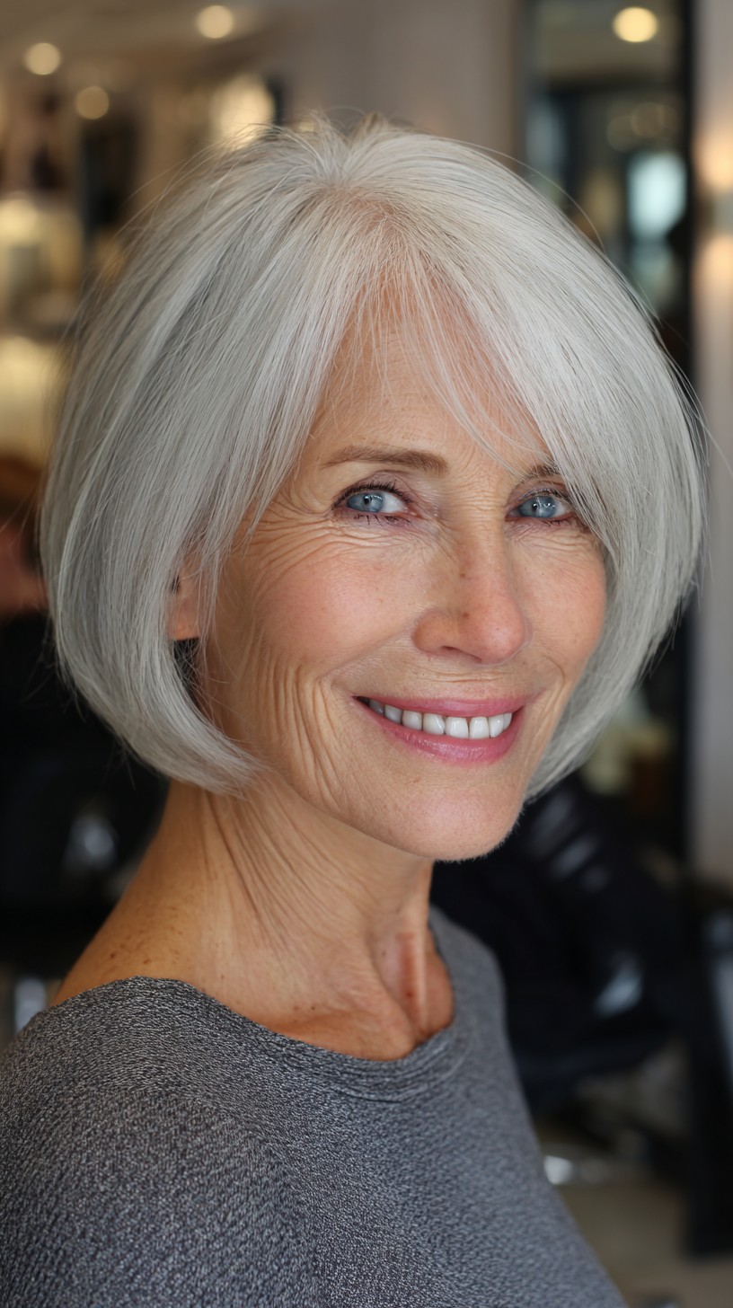 Chin-Length Silver Bob with Rounded Graduation and Side-Swept Fringe