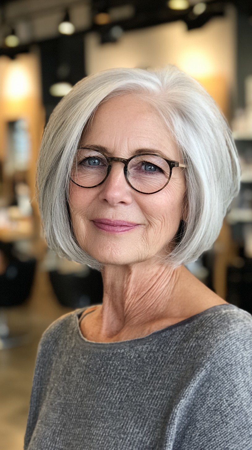 Chin-Length Silver Rounded Bob with Face-Framing Graduation