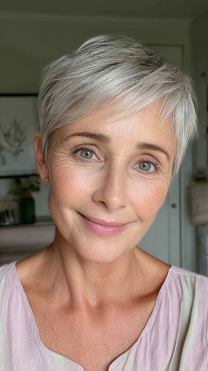 Cropped Silver Pixie with Feathered Micro-Fringe