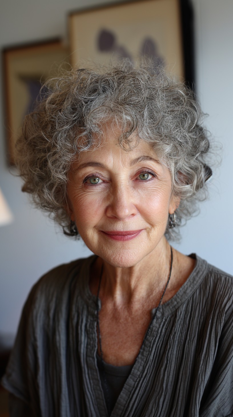 Curly Silver Short Crop with Voluminous Crown and Soft Micro-Fringe