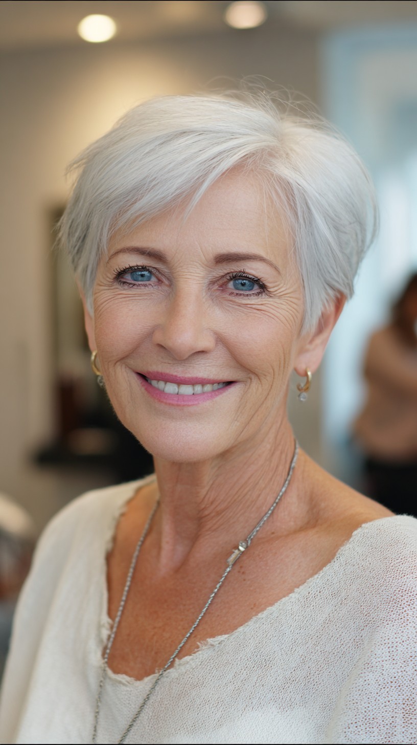 Feathered Silver French Pixie with Lifted Crown and Side Sweep