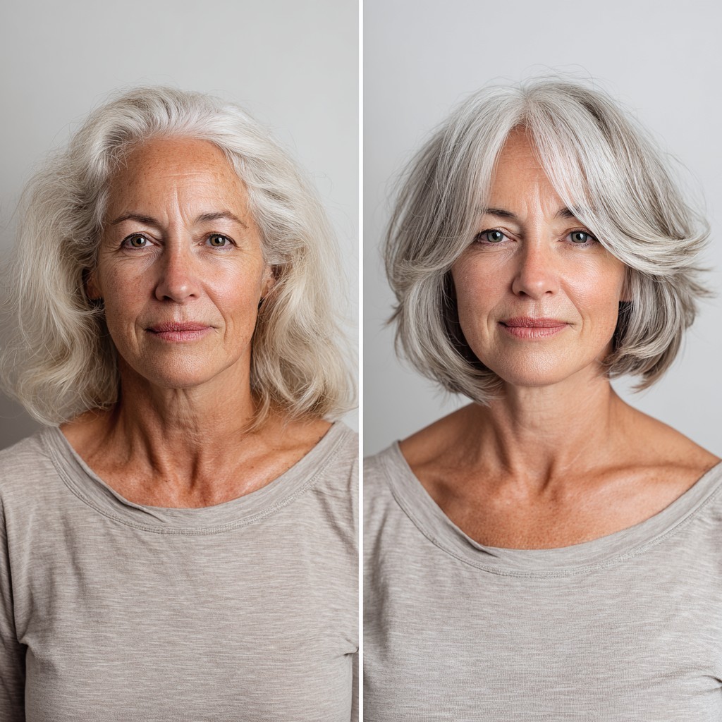 Rounded Layered Silver Bob with Blended Curtain Fringe