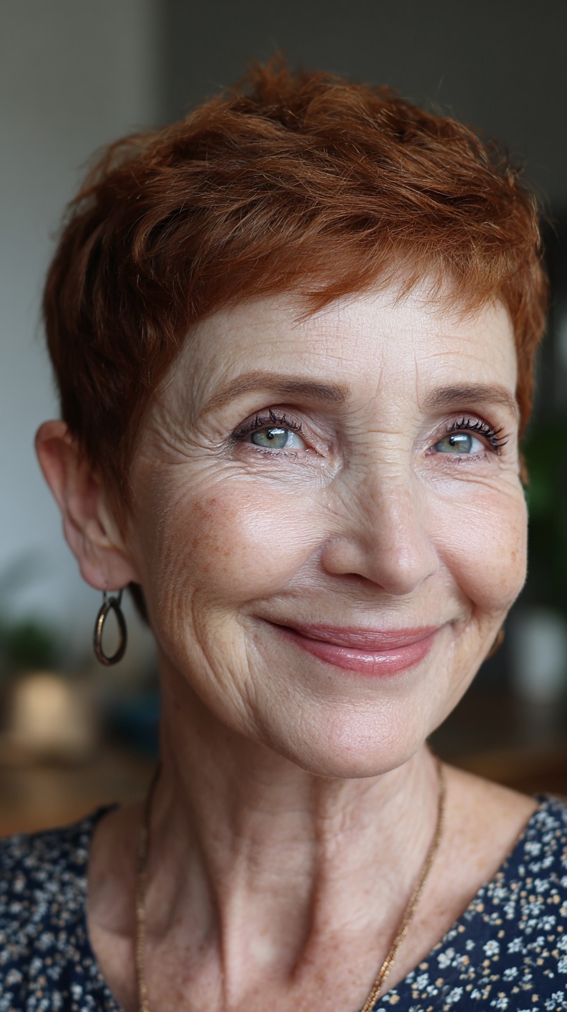 Short Copper Textured Pixie with Feathered Micro-Bangs