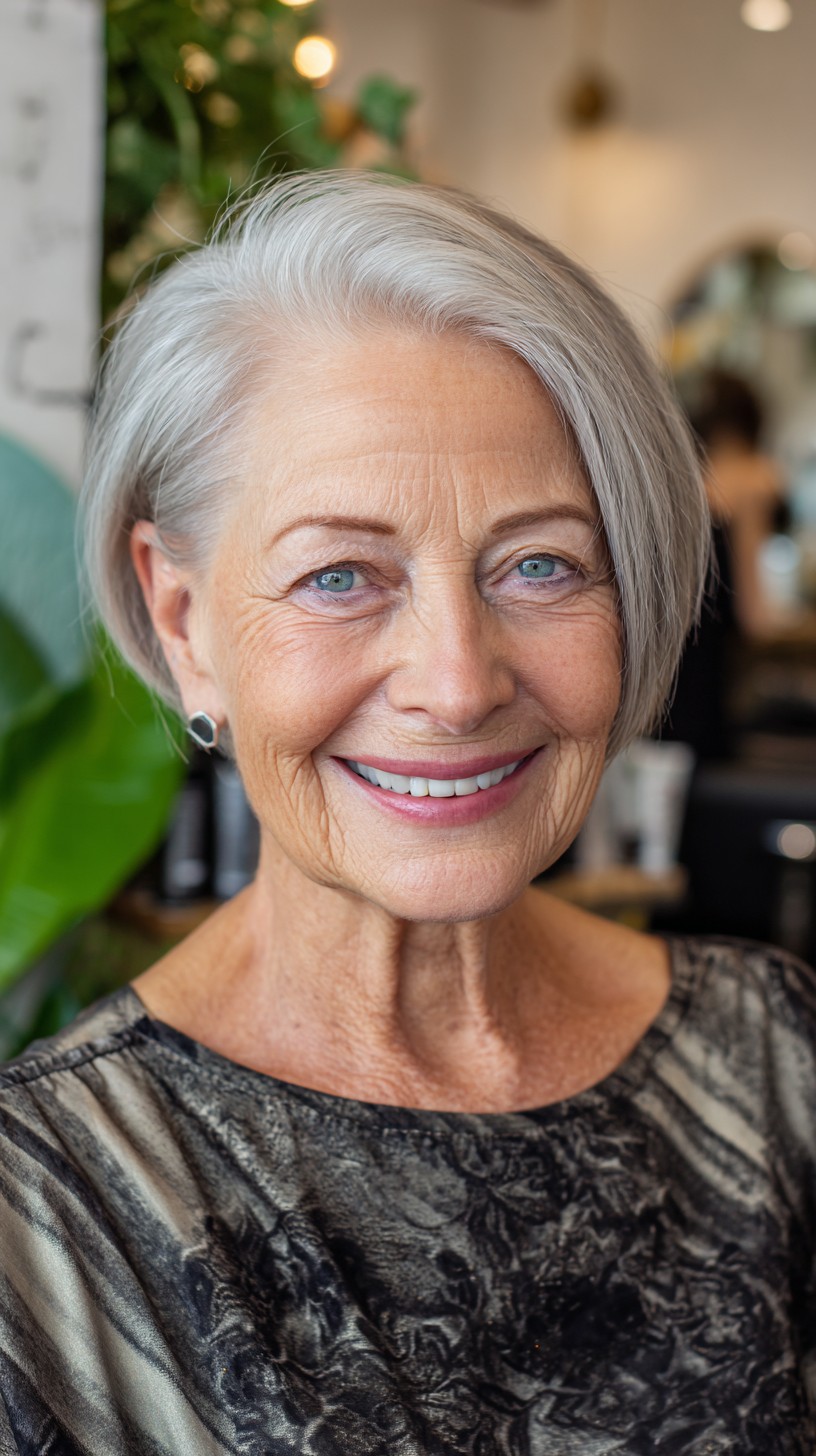 Sleek Silver Asymmetrical French Bob with Deep Side Part