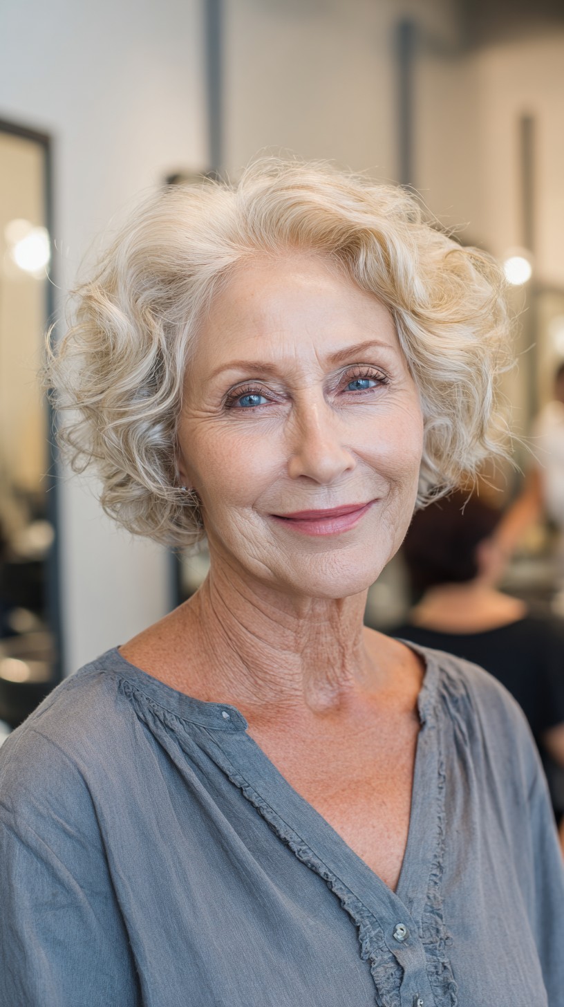 Soft Curly Silver French Bob with Lifted Crown