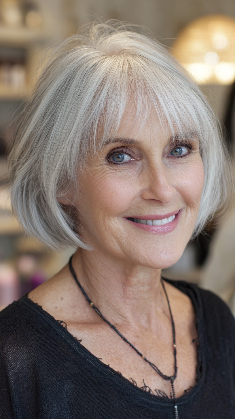 Soft Neck-Length Silver Bob with Blended Micro Fringe