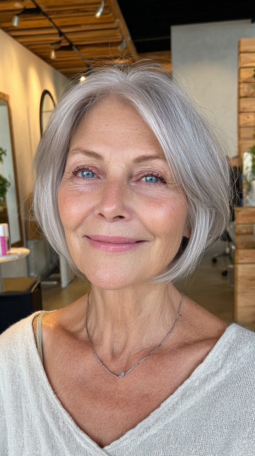 Soft Rounded Silver Bob with Face‑Framing Layers
