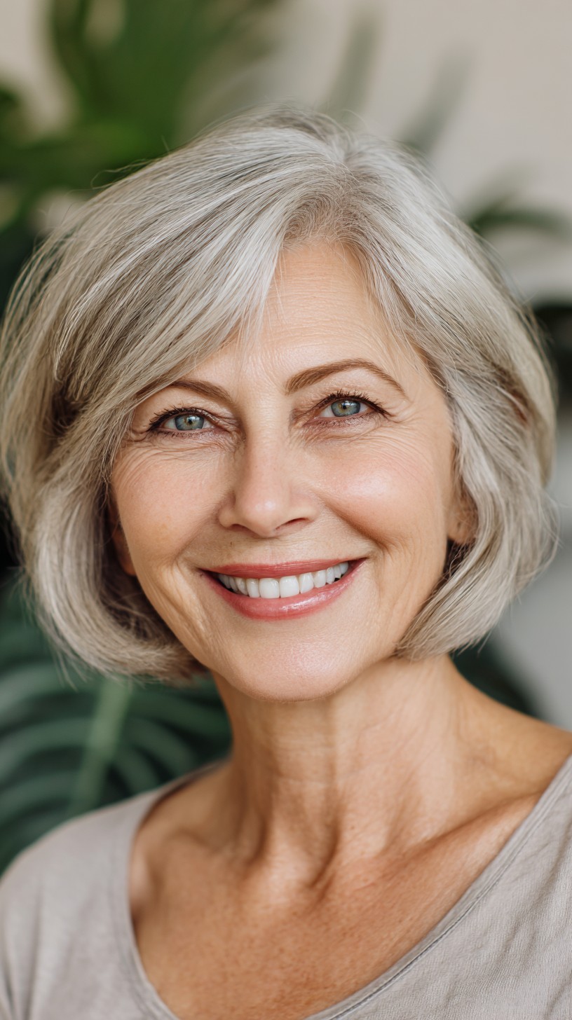 Soft Silver Rounded French Bob with Subtle Side Sweep