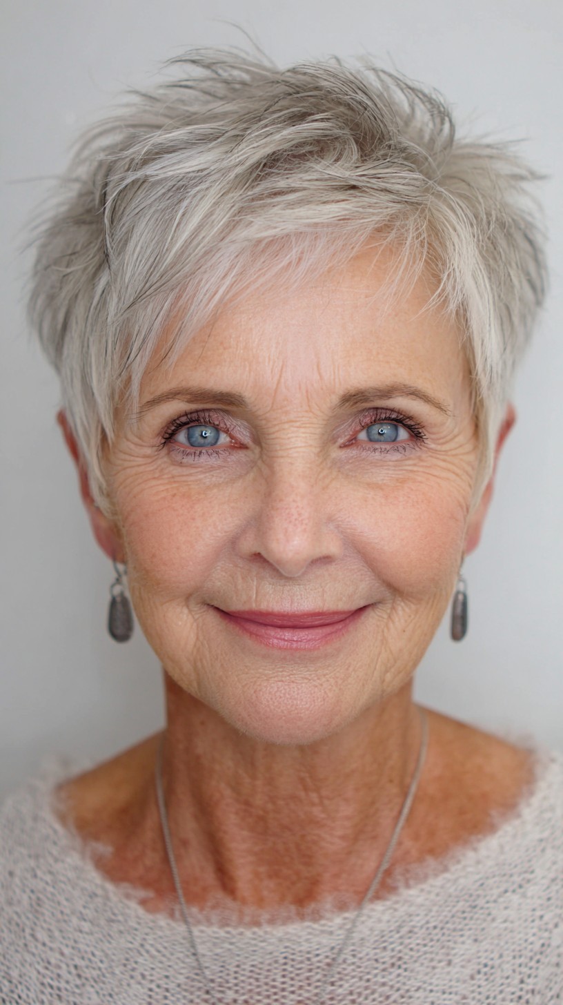 Textured Ash Silver Short Pixie with Feathered Crown