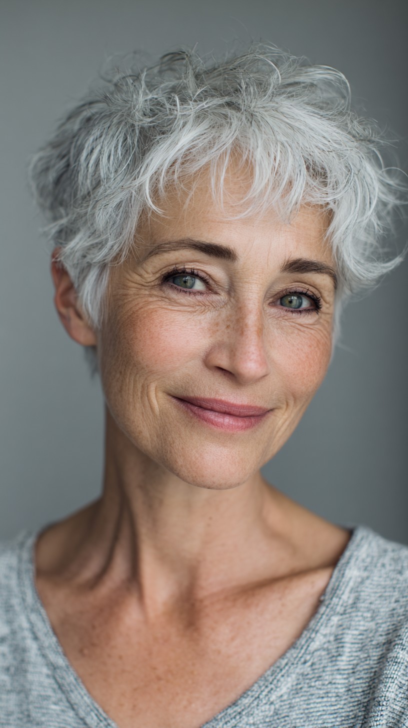 Textured Short Silver Pixie with Feathered Fringe