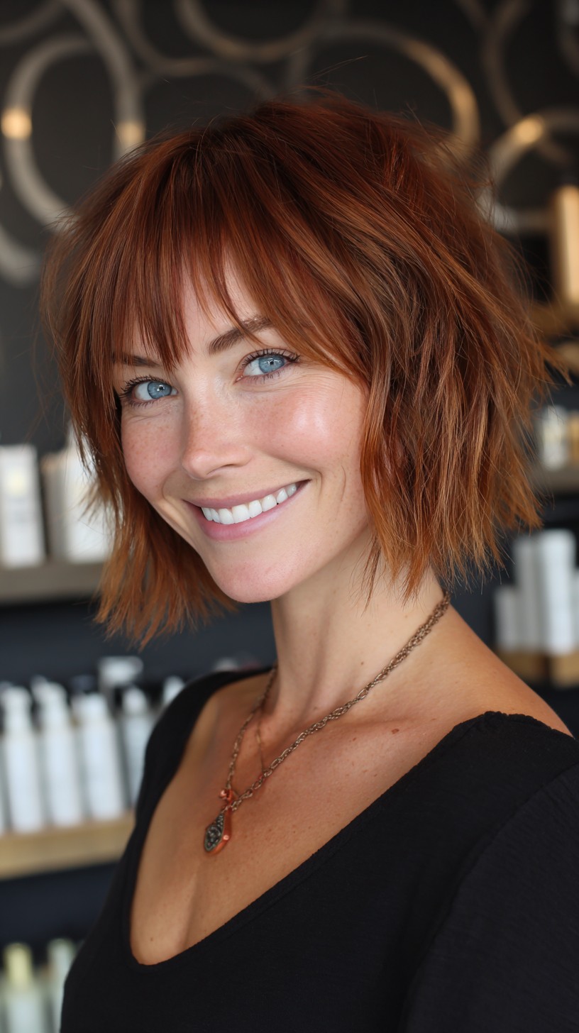 Copper Textured Shaggy Bob with Wispy Micro Bangs