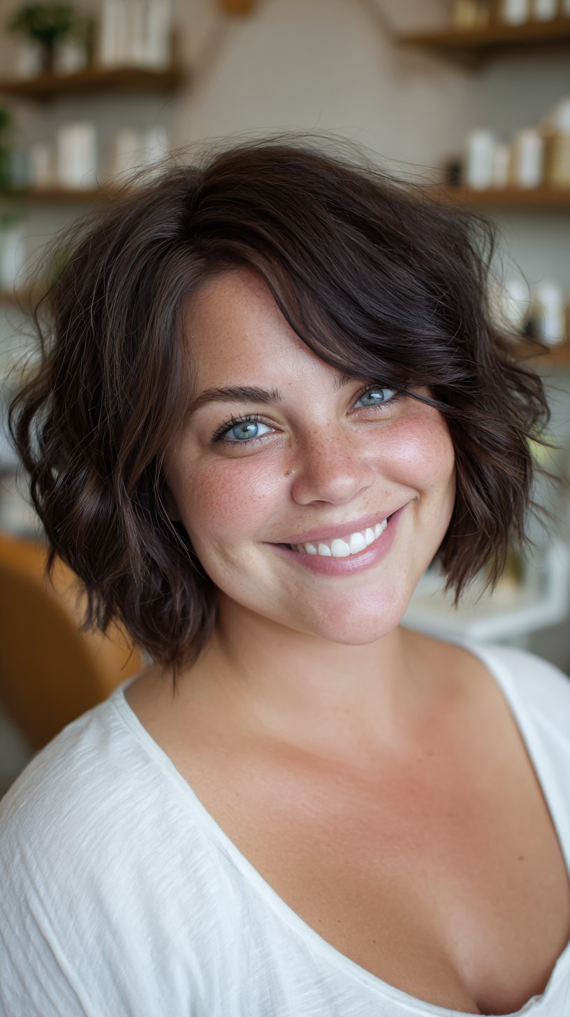 Deep Chocolate Textured Chin-Length Shaggy Bob with Side Sweep