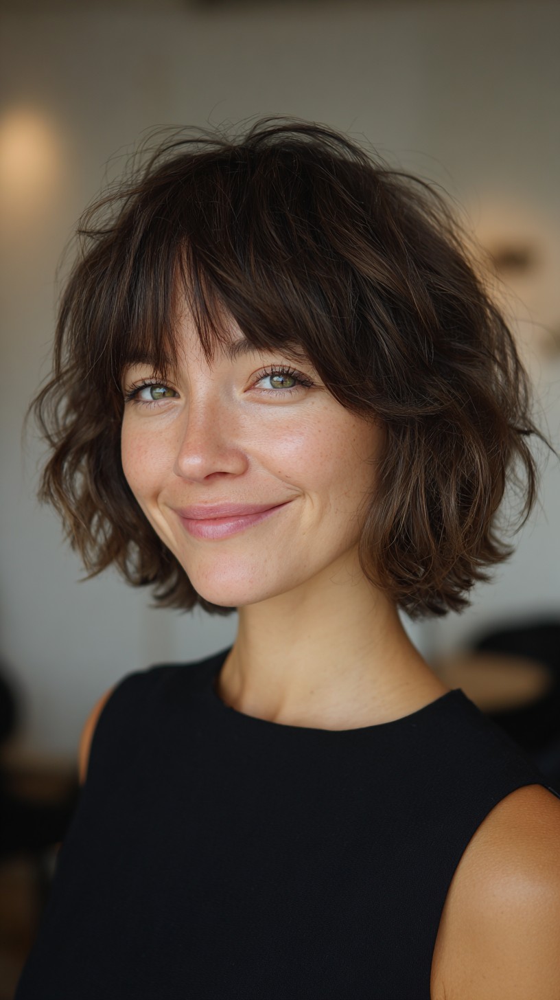 Effortless Tousled Chin-Length Shag with Blunt Micro-Bangs