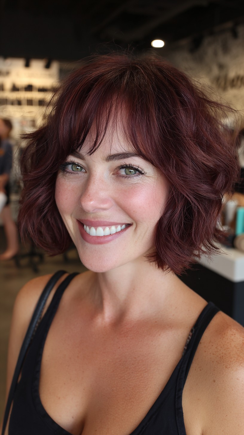 Razor-Textured Burgundy Chin-Length Shag with Soft Fringe