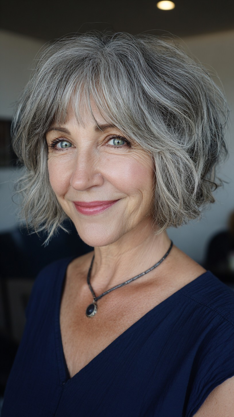 Silver Stacked Chin-Length Shag with Face-Framing Luminosity