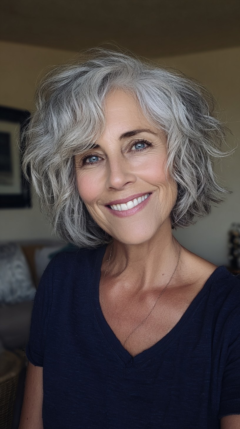 Silver Textured Chin-Length Shag with Soft Side Sweep
