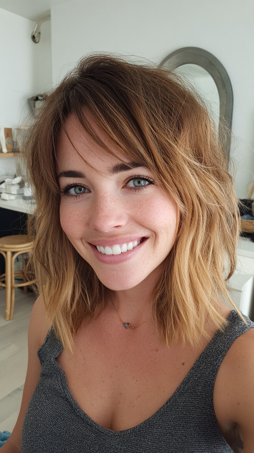Sun-Kissed Layered Shoulder-Grazing Shag with Wispy Fringe