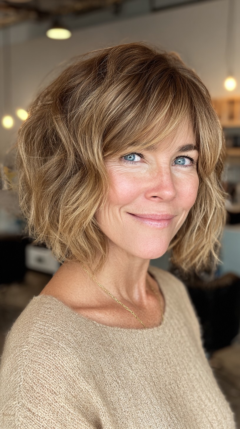 Textured Bronde Chin-Length Bob with Side-Swept Fringe
