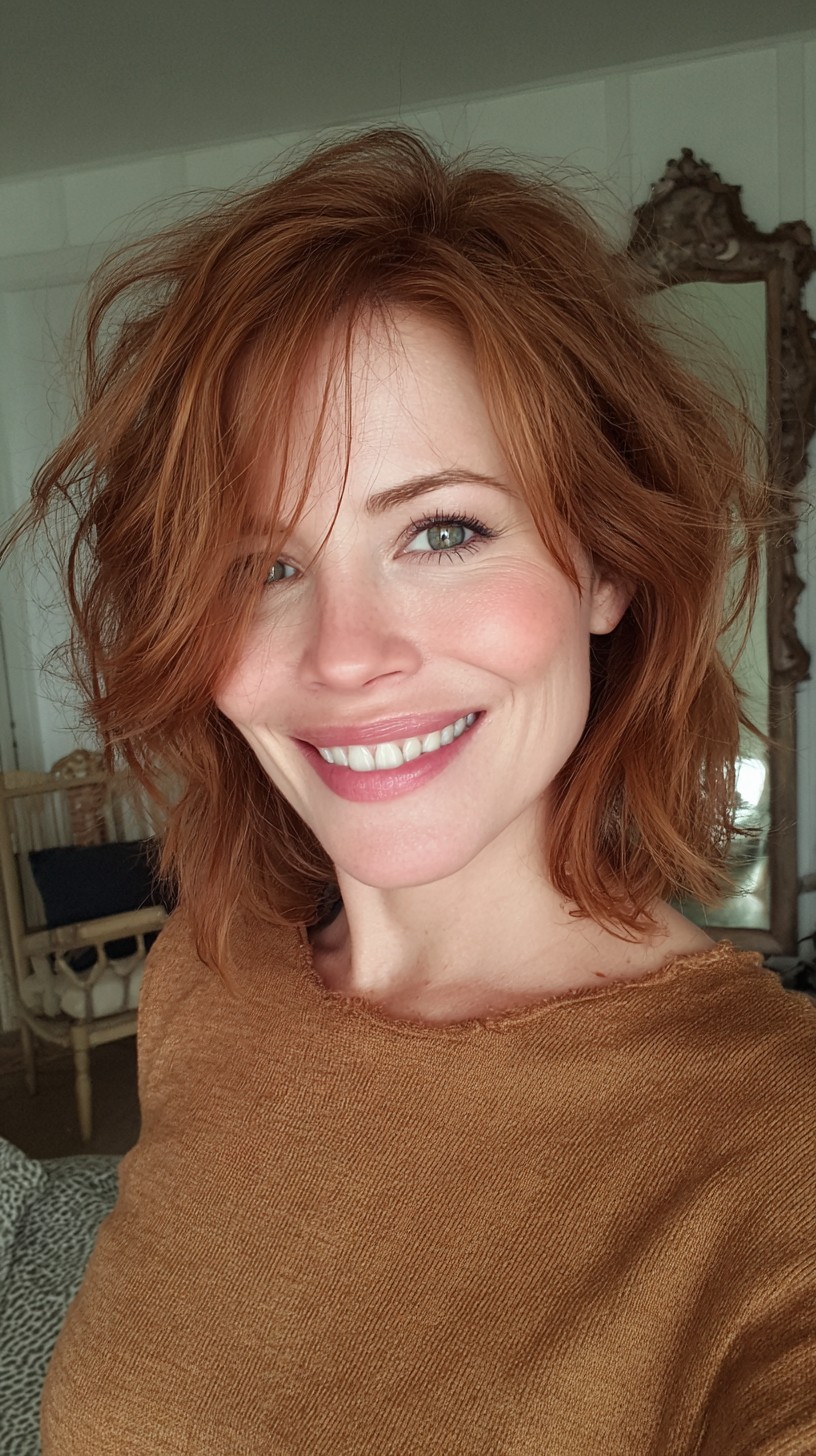 Textured Copper Shaggy Bob with Wispy Face-Framing Layers