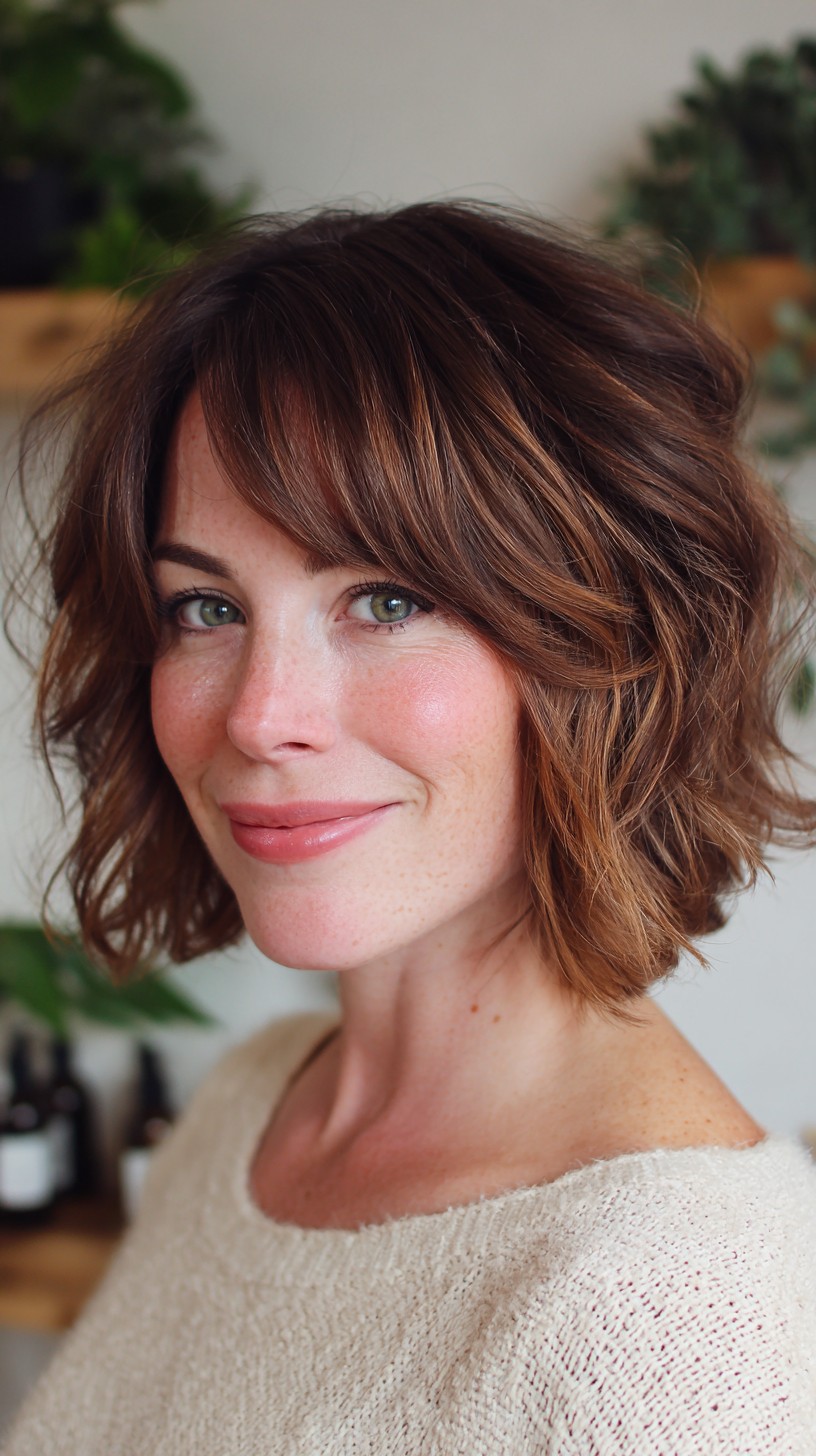 Warm Chestnut Layered Bob with Soft Curtain Fringe