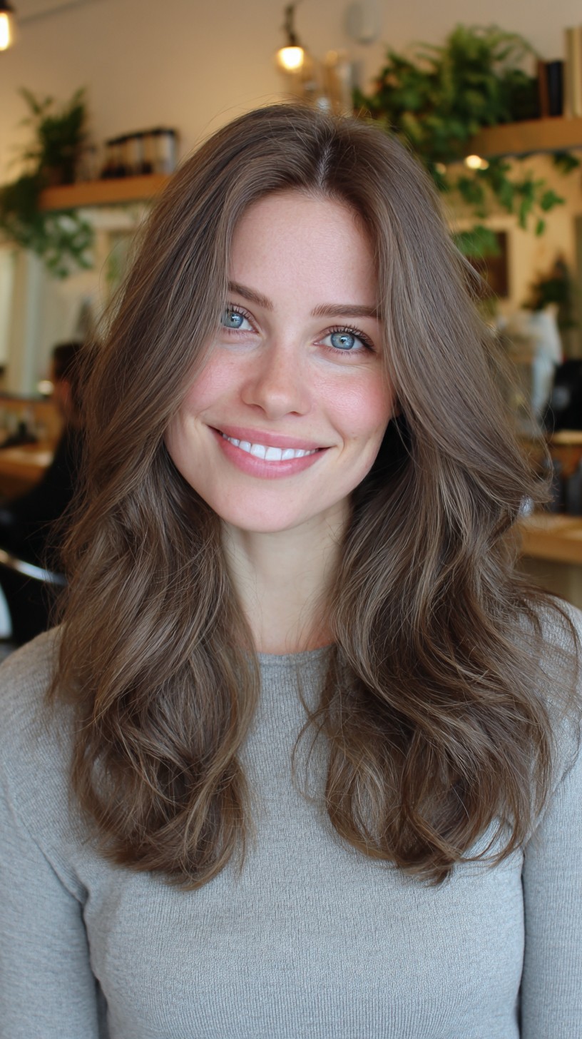 Ash Brown Long Blowout with Vertical Face-Framing Layers
