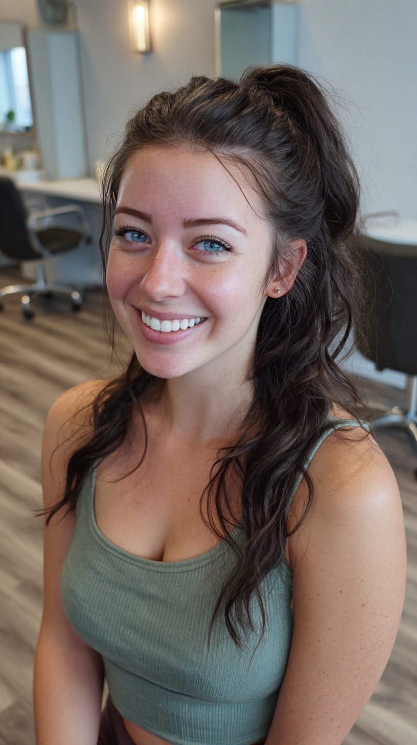 Casual High Pony with Long Textured Waves and Face-Framing Wisps
