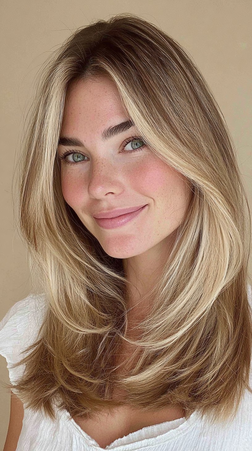 Center-Part Curtain Layers with Blonde Face-Framing Blowout