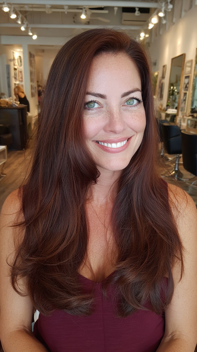 Deep Chestnut Long Blowout with Soft Face-Framing Swoop