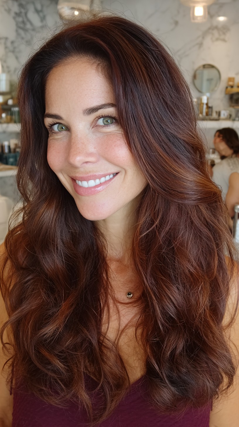 Glossy Auburn Long Layers with Soft Face-Framing