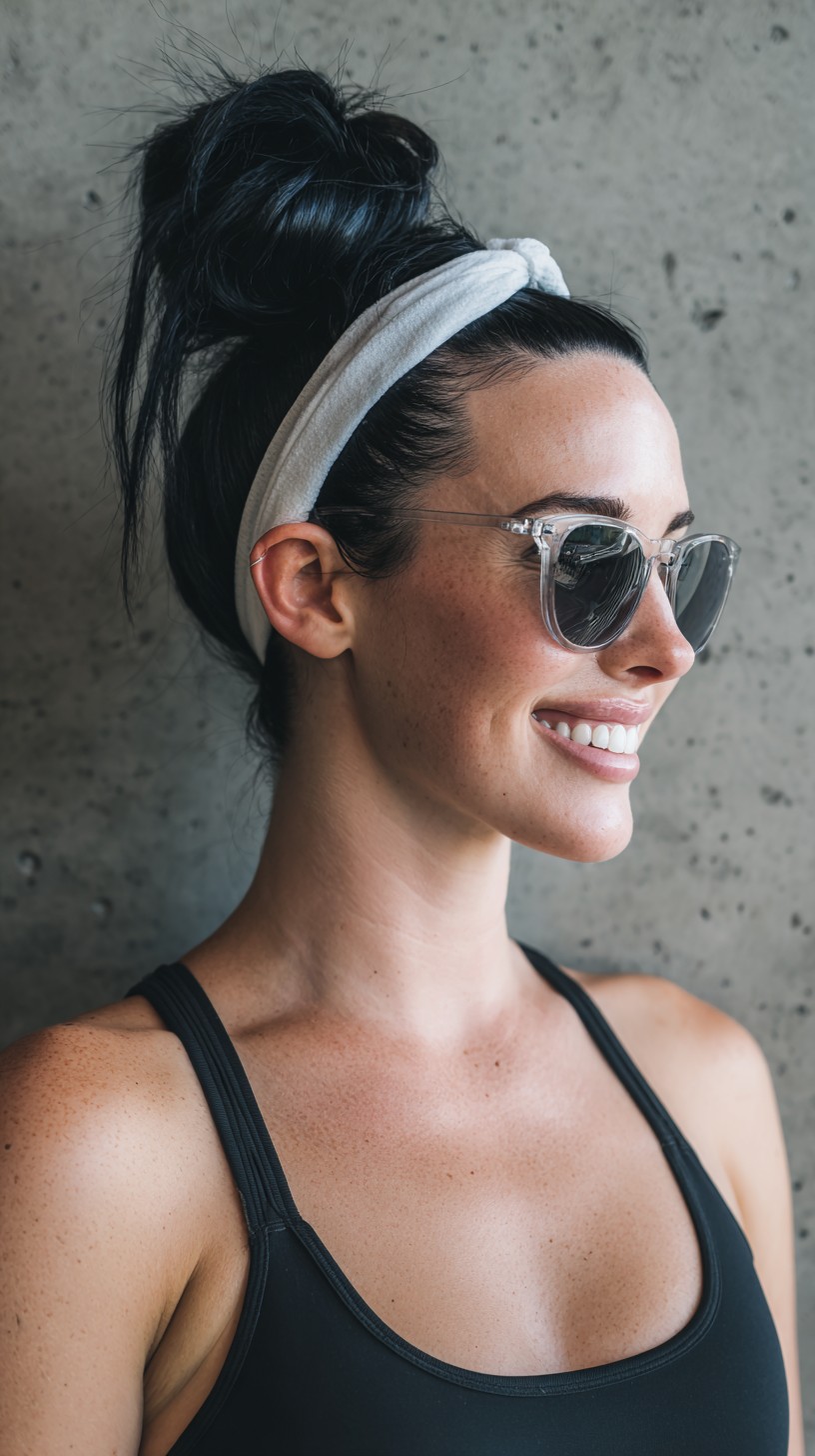 High Messy Topknot on Long Thick Straight Hair with Headband
