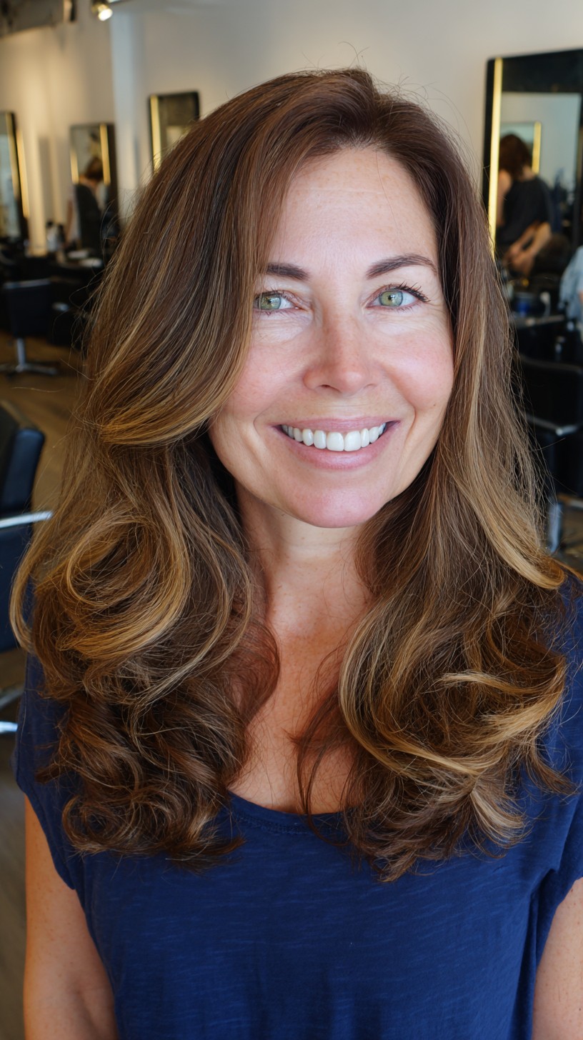 Long Blown-Out Layers with Curtain Face-Framing and Subtle Balayage
