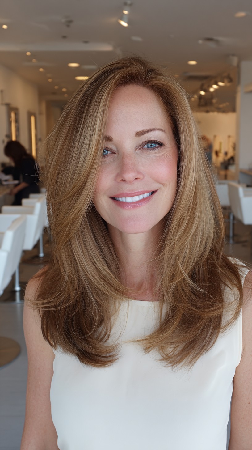 Long Layered Blowout with Caramel Balayage and Face-Framing Layers
