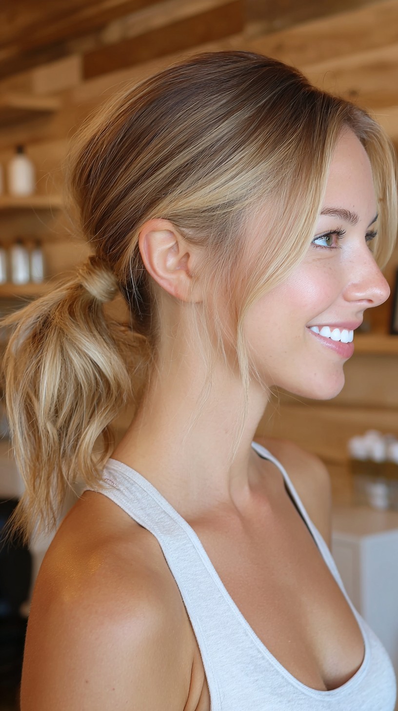 Low Wrapped Ponytail with Soft Curtain Face-Framing and Root-Smudge Balayage