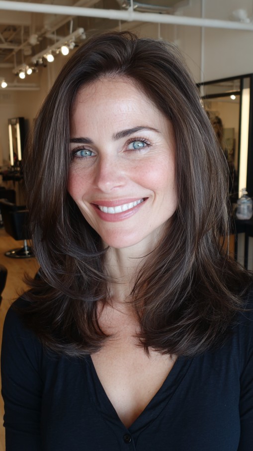 Medium-Length Layered Blowout with Root Shadow and Face-Framing Swoop